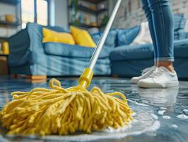 person rengöring kaklade golv med gul mopp i levande rum med blå soffa och gul kuddar. hushåll sysslor och Hem underhåll begrepp med fokus på golv rengöring. ai foto