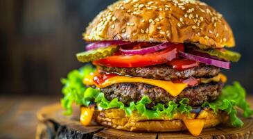 hemlagad bacon burger med sallad ost lök och tomat på rustik trä- tabell foto