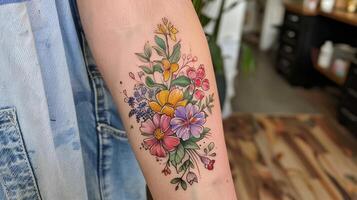 delikat vild blomma bukett, en akvarell-stil tatuering med en klunga av vild och löv foto