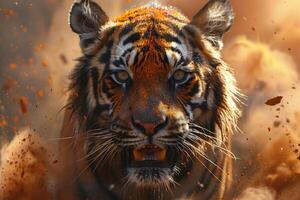 närbild av bengal tiger utforska de smutstäckt fält under de holi festival av färger i Indien foto