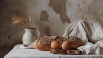 ägg på rostat bröd, rustik morgon- frukost kaffe, bröd, tabell bakgrund bakgrund neutral minimalistisk enkel minimal Färg, beige, solbränna, vit foto