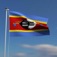 swaziland flagga är vinka i främre av en blå himmel med suddig moln i de bakgrund foto