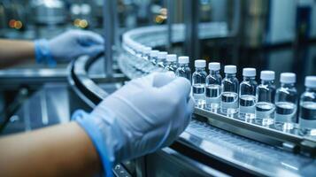 hand med sanitär handskar kolla upp medicinsk ampuller på produktion linje på farmaceutisk fabrik foto