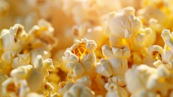 gourmet popcorn på bio, närbild av smörig textur, film natt grundläggande. foto