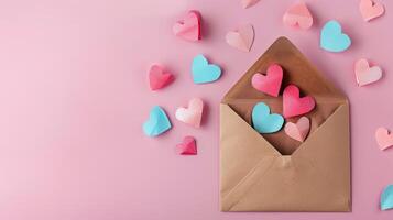 kärlek brev kuvert med papper hantverk hjärtan - platt lägga på rosa valentines eller årsdag bakgrund med kopia Plats. foto