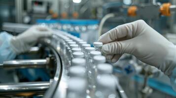 hand med sanitär handskar kolla upp medicinsk ampuller på produktion linje på farmaceutisk fabrik foto