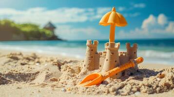 sand slott på en strand med en leksak skyffel. begrepp av familj semester och barns spel. foto