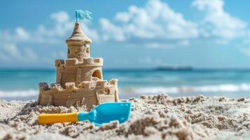 sand slott på en strand med en leksak skyffel. begrepp av familj semester och barns spel foto
