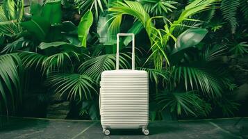 en bagage vit resväska står mot grön exotisk tropisk växter vägg. foto