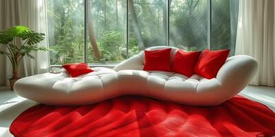 en vit och röd soffa placerad i främre av en fönster foto