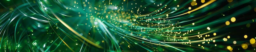 virvlande massa av fiber optik i smaragd- grön med gyllene gnistor foto