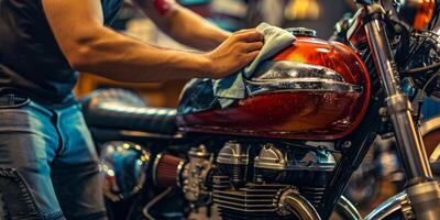 person rengöring en klassisk motorcykel i en garage med en trasa foto