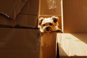 små fluffig hund kikar ut från de topp av kartong lådor foto