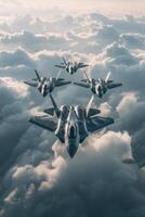 skvadron av kämpe jets i perfekt bildning ovan molnig himmel foto