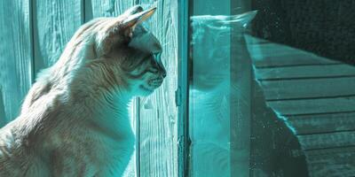 ljus beige kattdjur ser spänt på dess reflexion i en fönster foto