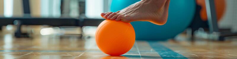 barfota utövar med orange fysioterapi boll i Gym foto