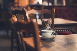 vänlig små katt Sammanträde på en kaffe affär tabell med en kopp foto