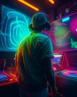 dj spelar låtar i disko med ljus visa foto