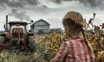 ung flicka utseende på traktor i fält. foto