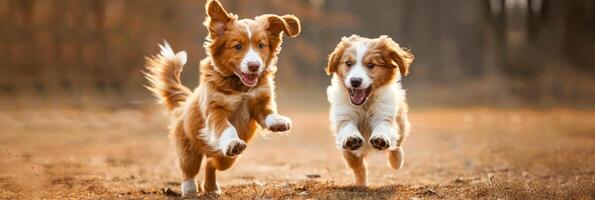 glad hundar löpning utomhus i gyllene timme ljus foto