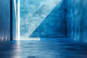 abstrakt modern blå interiör med geometrisk former och skuggor foto