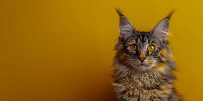 majestätisk maine Coon katt på vibrerande gul bakgrund foto