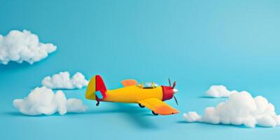 leksak flygplan äventyr i en lekfull blå himmel med fluffig moln foto