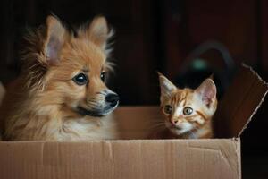 söt hund och kattunge tillsammans i en kartong låda foto