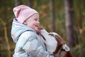 söt liten flicka i rosa hatt och ljus blå jacka kramar sibirisk hes hund och leende foto