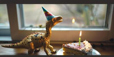 lekfull dinosaurie leksak med fest hatt fira födelsedag foto