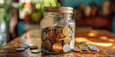 besparingar burk fylld med mynt på trä- tabell foto