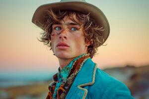 porträtt av en ung man i en hatt på solnedgång kontemplativ blick foto