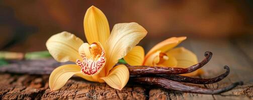 gul orkide och vanilj skida på rustik trä- surfac foto