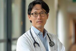 porträtt av asiatisk läkare med allvarlig ansikte och suddig bakgrund foto