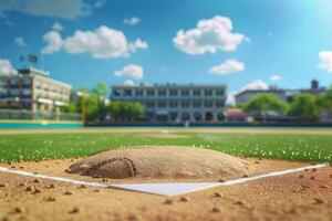 stänga upp pitching bas baseboll med suddig öppen fält foto