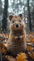 förtrollade glimt. en Quokka mitt i höst löv under de viskande trän foto