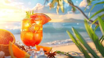 orange cocktail med exotisk frukt garnering på en solig strand scen. vibrerande sommar atmosfär bakgrund. foto