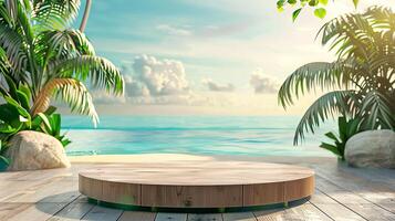 attrapp för en sommar produkt presentation. runda trä- podium med en tropisk strand bakgrund. illustration. foto