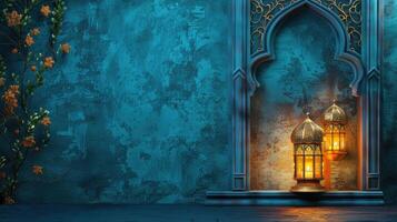 ett utsmyckad islamic archway och lysande lykta mot en blå texturerad vägg, fångande de anda av de islamic ny år foto