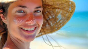 ung lady med strålnings leende åtnjuter solig dag på strand, bär bredbredd sugrör hatt och Solskydd på henne kinder och näsa. sommar scen resa, semester destinationer, sommar livsstil begrepp foto