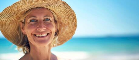 leende blond kvinna bär sugrör hatt, åtnjuter solig dag på strand. hav vågor, avlägsen öar på lugn bakgrund. resa, semester destinationer, sommar livsstil begrepp. baner, kopia Plats foto