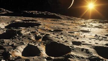 livlös yta av de måne med kratrar mot de bakgrund av de glöd av de Sol i de distans foto