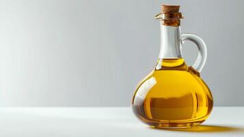 oliv olja i glas flaska. en klar glas flaska fylld med gyllene oliv olja, korkad med en trä- propp, visas mot en mjukt belyst bakgrund. . foto