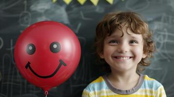 pojke med en röd smiley ansikte ballong. ung pojke med lockigt hår leende glatt Nästa till en röd ballong med en smiley ansikte, i främre av en svarta tavlan med doodles. . foto