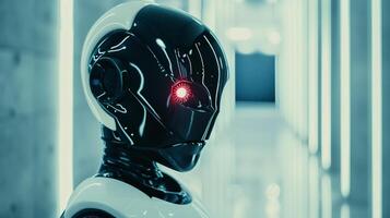 trogen robot med röd öga. närbild av en trogen robot huvud med en lysande röd öga, uppsättning mot en modern interiör med ljus reflektioner. foto