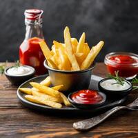 pommes frites eller potatischips med gräddfil och ketchup foto