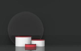 3D-rendering podium scen röd vit med glasgrå bas för produktvisning marknadsföring och reklam foto