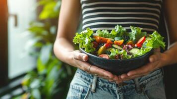kvinna, händer och mage för wellness i studio, frukt och vegetabiliska foto