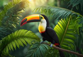 toucan fågel på en gren av en tropisk träd i en djungel, toucan i tropisk löv porträtt, elegant tropisk fågel, vild regnskog fågel porträtt foto
