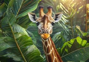giraff nå till de tropisk löv av en djungel, giraff i tropisk löv porträtt foto